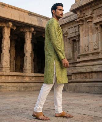 men   s green silk blend printed straight kurta with trousers 3