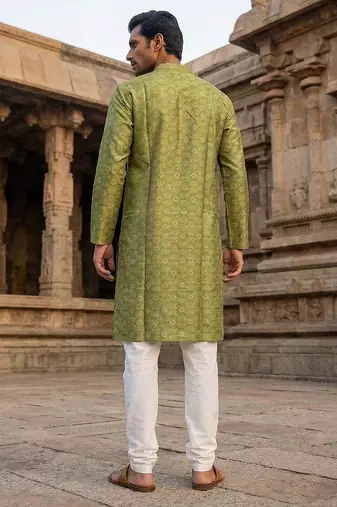 men   s green silk blend printed straight kurta with trousers