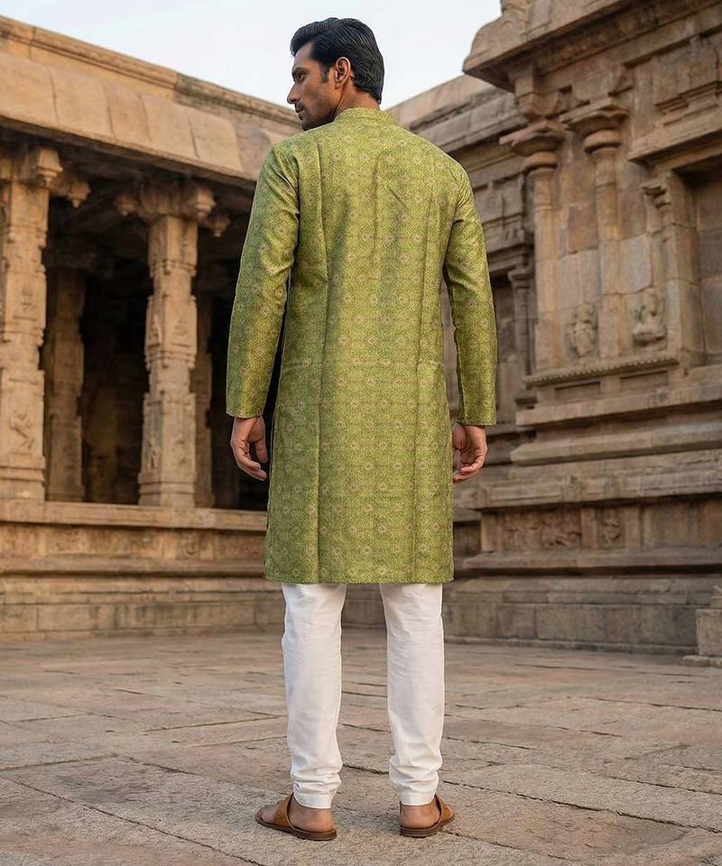 men’s green silk blend printed straight kurta with trousers