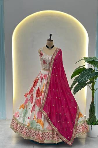 White Color Digital Print with Sequins Codding Embroidery Work Chinon Silk Lahenga Choli Set 