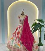 White Color Digital Print with Sequins Codding Embroidery Work Chinon Silk Lahenga Choli Set 