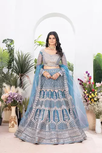 Sky Blue Color Sequins and Jari  Embroidery Work Net Lahenga Choli Set