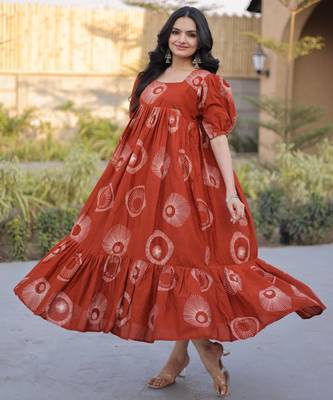 Orange cotton printed frill dresses 1