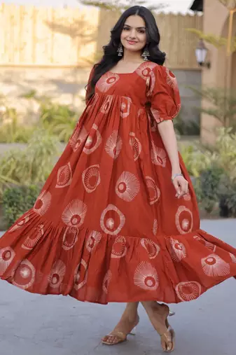 Orange cotton printed frill dresses