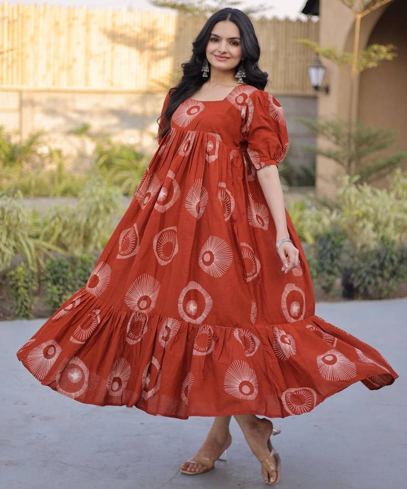 Orange cotton printed frill dresses