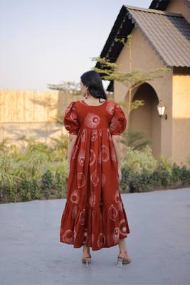 Orange cotton printed frill dresses 2