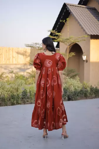 Orange cotton printed frill dresses