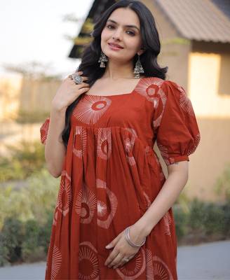 Orange cotton printed frill dresses 3