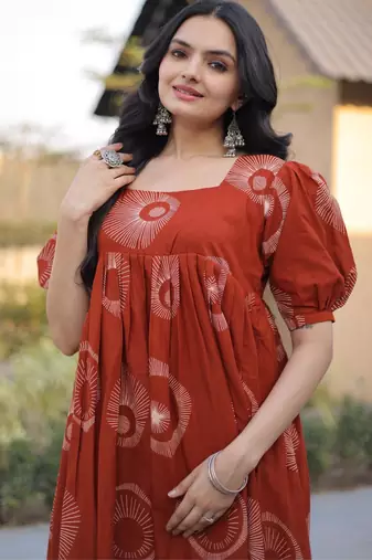 Orange cotton printed frill dresses