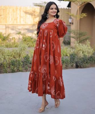 Orange cotton printed frill dresses 4