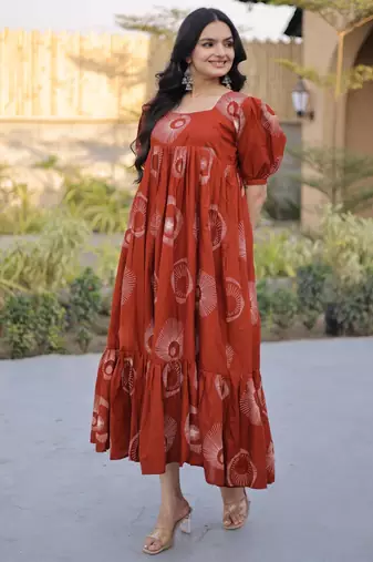 Orange cotton printed frill dresses
