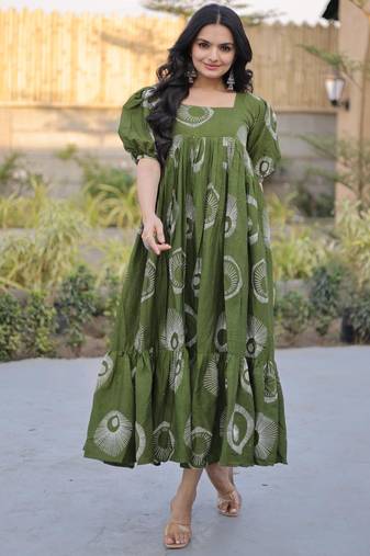 Green cotton printed frill dresses