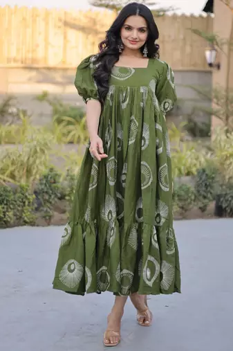 Green cotton printed frill dresses