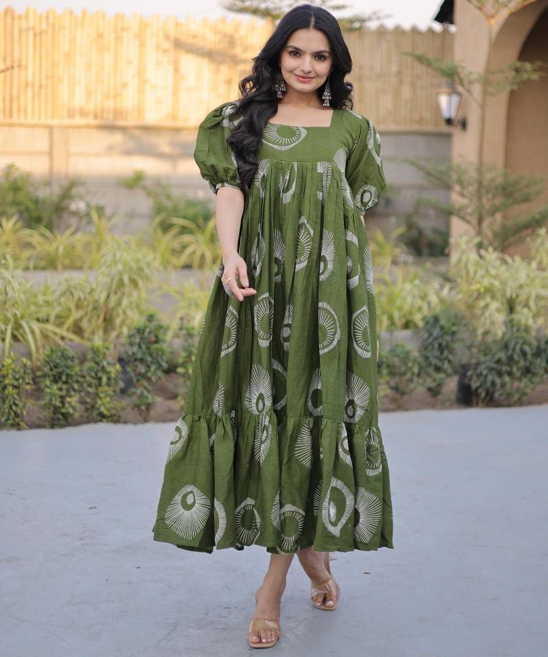 Green cotton printed frill dresses
