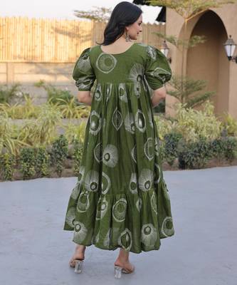 Green cotton printed frill dresses 2