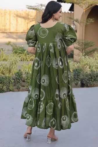 Green cotton printed frill dresses