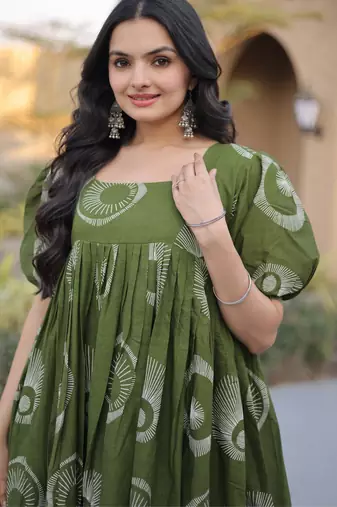 Green cotton printed frill dresses