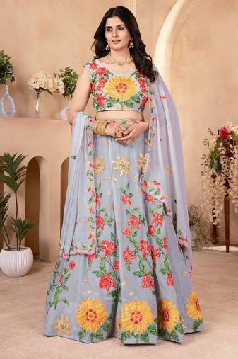 Grey Color Sequins and Treads Embroidery Work Georgette Lahenga Choli Set