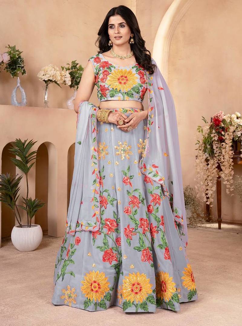 Grey Color Sequins and Treads Embroidery Work Georgette Lahenga Choli Set