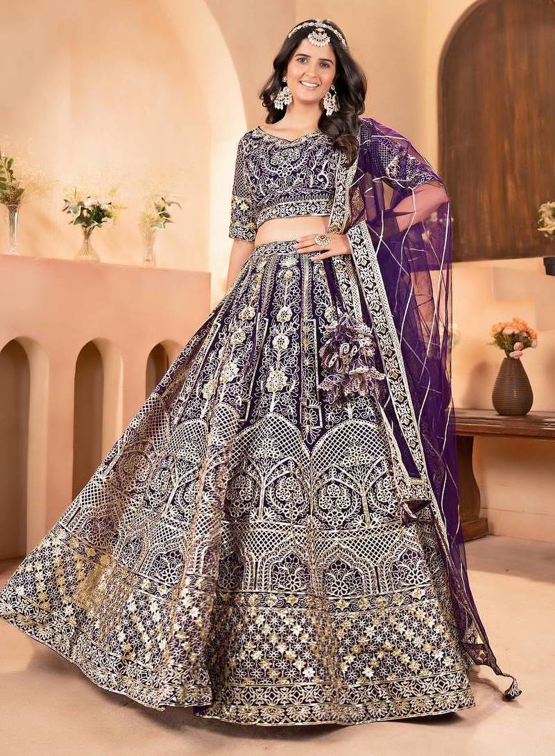 Purple Color Sequins and Zari  Embroidery Work Net Lahenga Choli Set