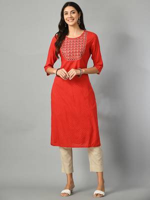 Polka dots printed round neck mirror work straight kurta 1