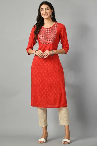 Polka dots printed round neck mirror work straight kurta