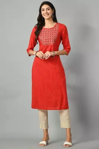 Polka dots printed round neck mirror work straight kurta