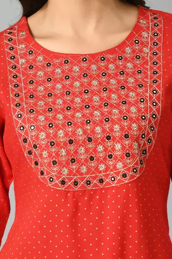 Polka dots printed round neck mirror work straight kurta