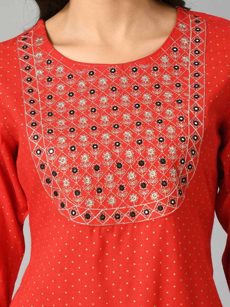 Polka dots printed round neck mirror work straight kurta