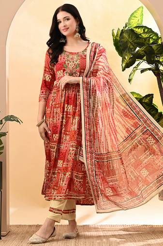 Women printed regular thread work kurta with trousers & with dupatta