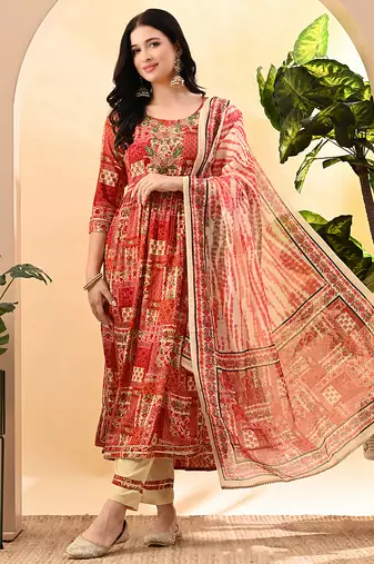 Women printed regular thread work kurta with trousers & with dupatta