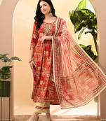 Women printed regular thread work kurta with trousers & with dupatta