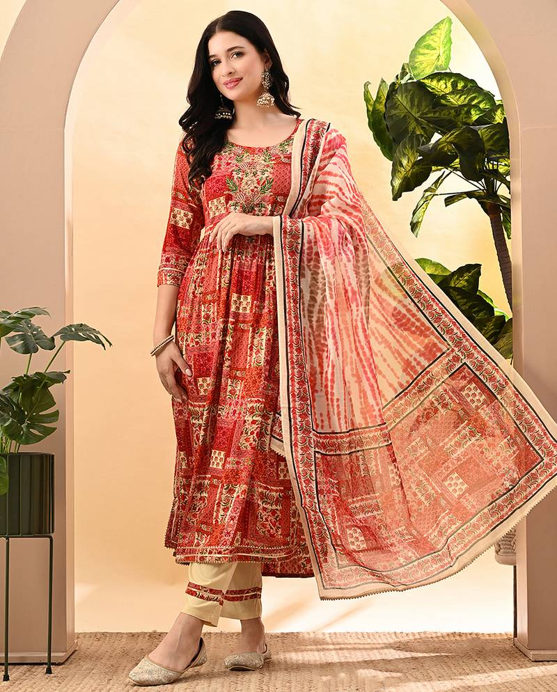 Women printed regular thread work kurta with trousers & with dupatta