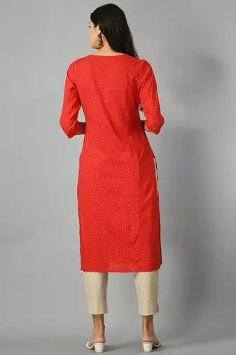 Polka dots printed round neck mirror work straight kurta