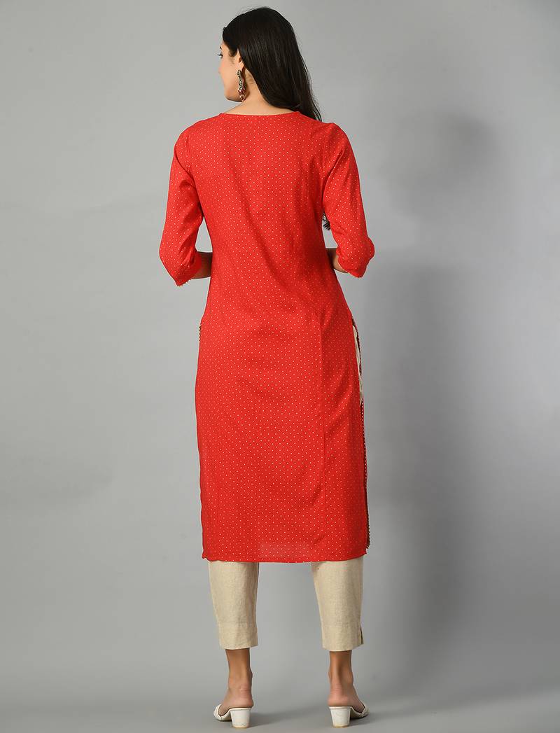 Polka dots printed round neck mirror work straight kurta