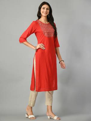 Polka dots printed round neck mirror work straight kurta 4