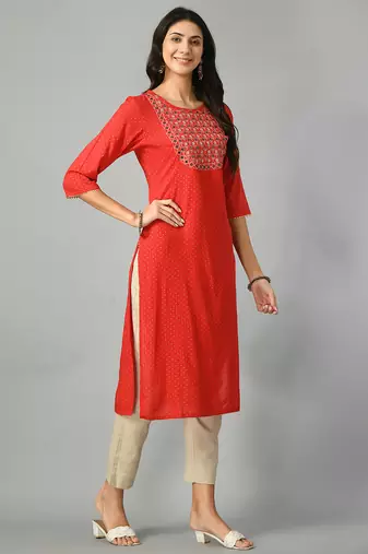 Polka dots printed round neck mirror work straight kurta