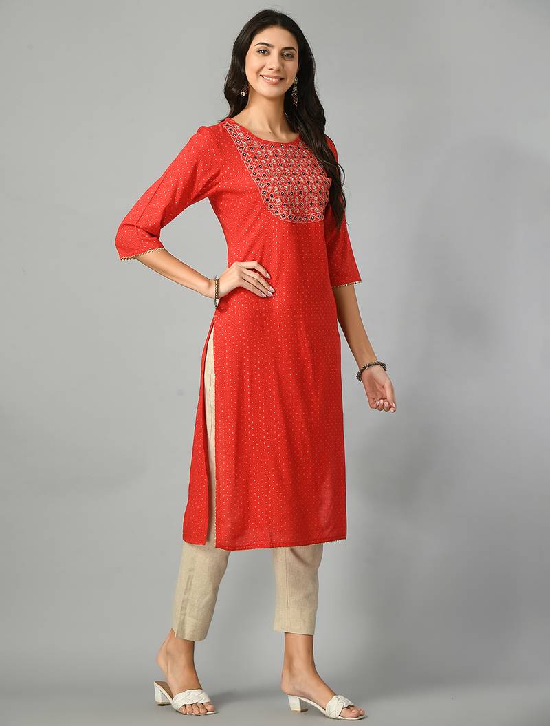Polka dots printed round neck mirror work straight kurta