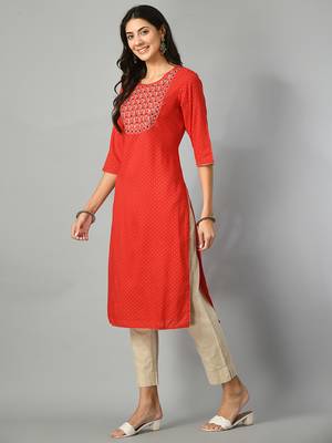 Polka dots printed round neck mirror work straight kurta 5