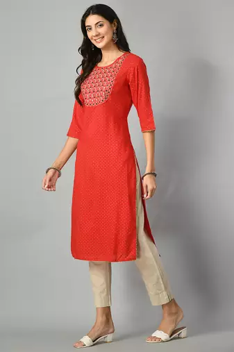 Polka dots printed round neck mirror work straight kurta