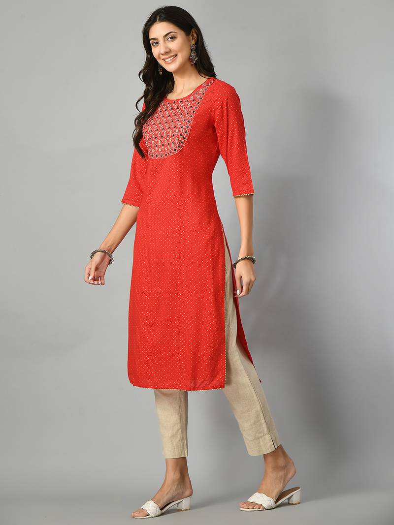 Polka dots printed round neck mirror work straight kurta