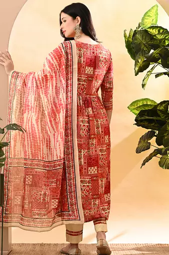 Women printed regular thread work kurta with trousers & with dupatta