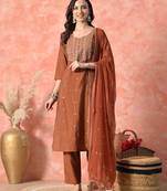 Women ethnic motifs embroidered regular thread work kurta with trousers & with dupatta