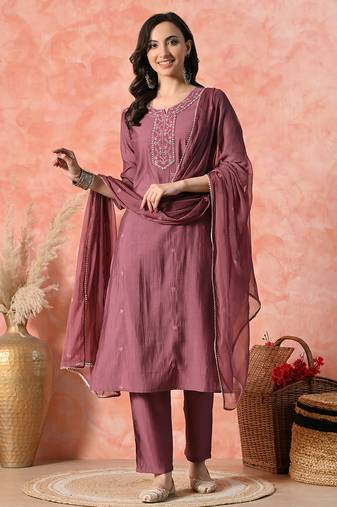 Women ethnic motifs embroidered regular thread work kurta with trousers & with dupatta