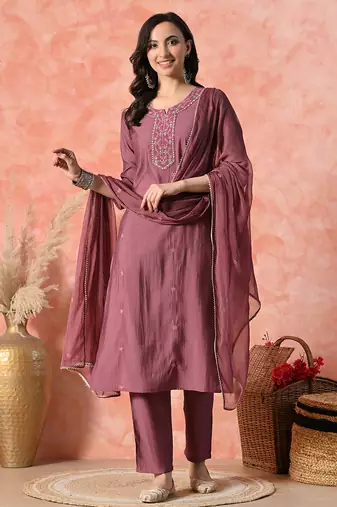 Women ethnic motifs embroidered regular thread work kurta with trousers & with dupatta