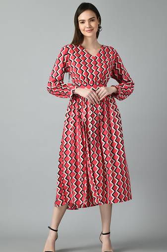 Women printed puff sleeve fit & flare midi dress