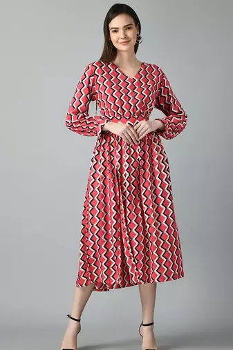 Women printed puff sleeve fit & flare midi dress