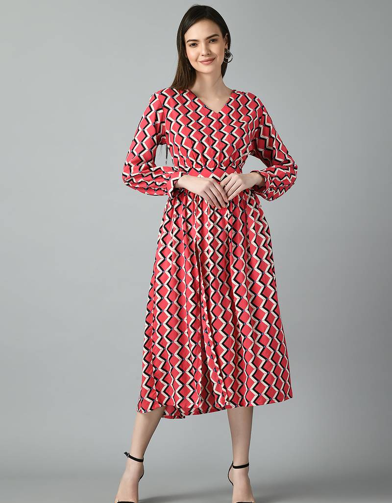 Women printed puff sleeve fit & flare midi dress