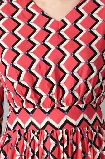 Women printed puff sleeve fit & flare midi dress
