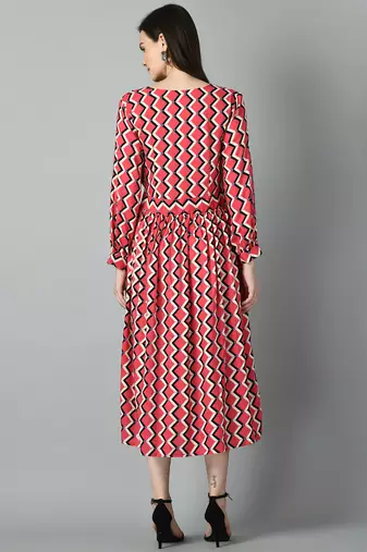 Women printed puff sleeve fit & flare midi dress